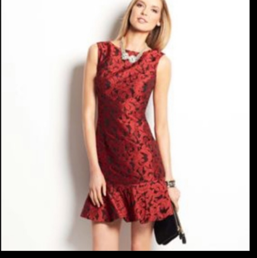 HOST PICK 🧚‍♀️ Ann Taylor FLOUNCE HEM Jaquard Red COCKTAIL Dress